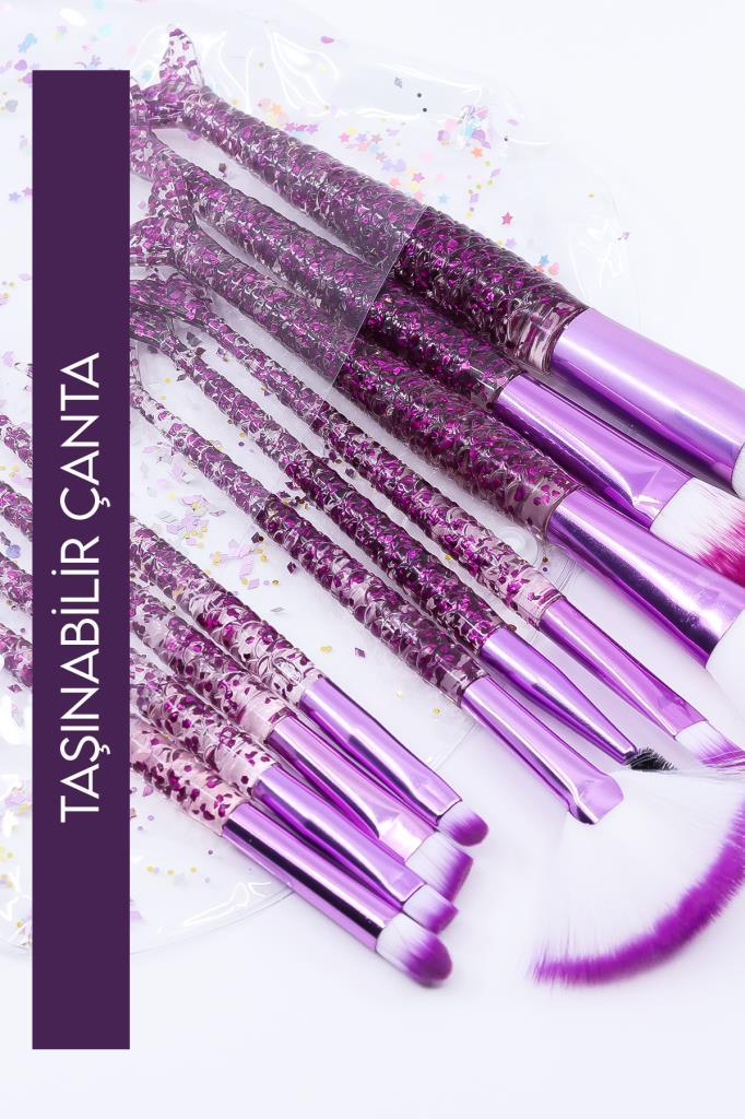 10'lu Makyaj Fırça Seti Çantalı Şeffaf Simli Balık Mor