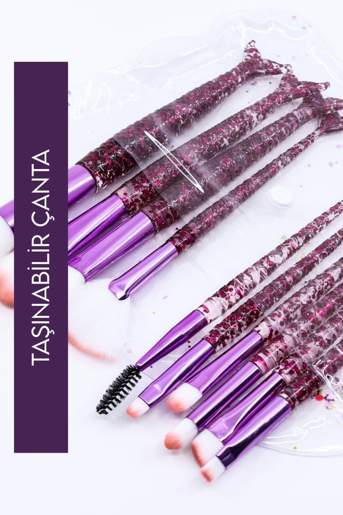 10'lu Makyaj Fırça Seti Çantalı Şeffaf Simli Balık Pembe