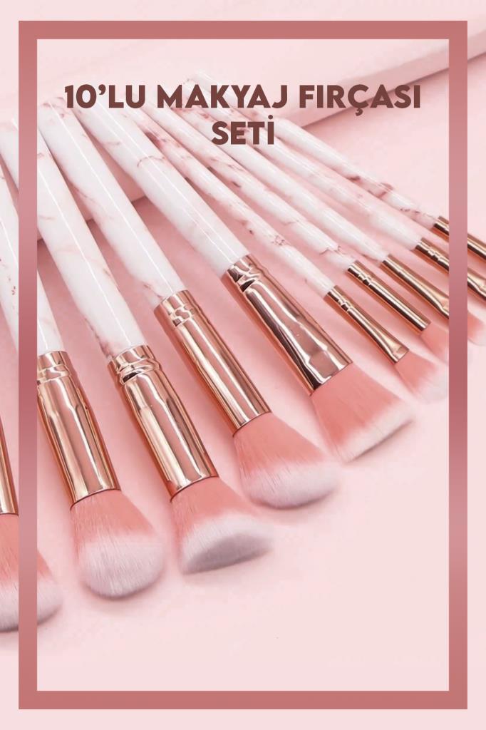 10'lu Makyaj Fırça Seti Mermer Desenli Beyaz Sap - Pembe Uç