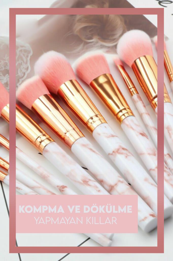10'lu Makyaj Fırça Seti Mermer Desenli Beyaz Sap - Pembe Uç