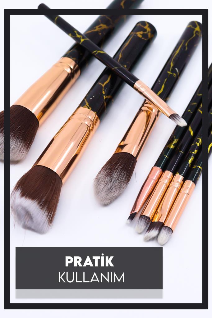 10'lu Makyaj Fırça Seti Mermer Desenli Siyah Sap Siyah Uç