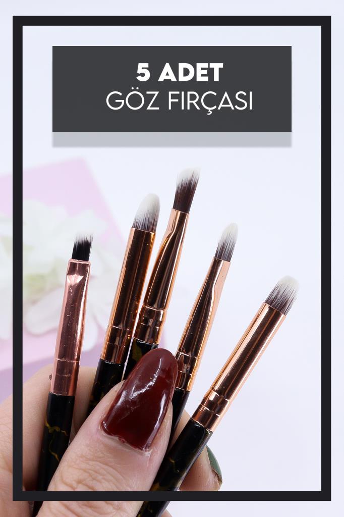 10'lu Makyaj Fırça Seti Mermer Desenli Siyah Sap Siyah Uç
