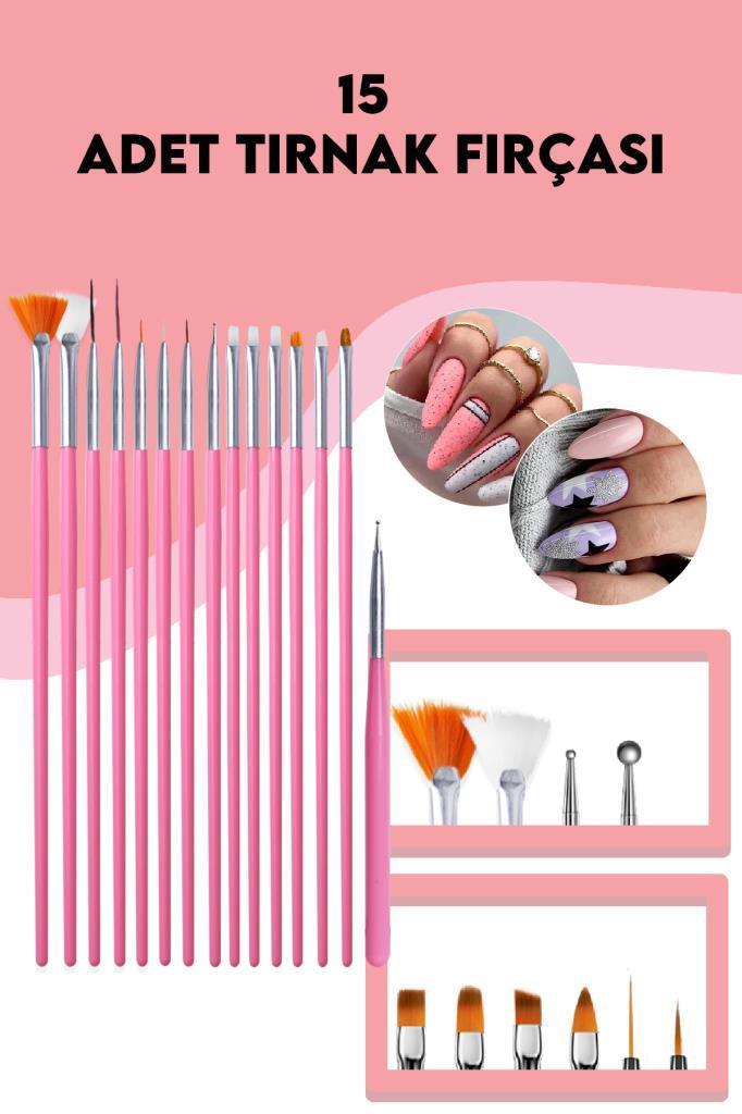 15'li Profesyonel Nail Art Süsleme Fırçası Pembe