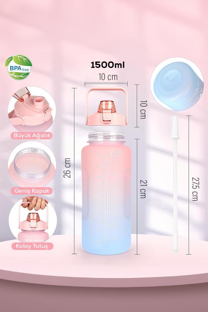 1500 Ml Pipetli Renkli Matara Pembe