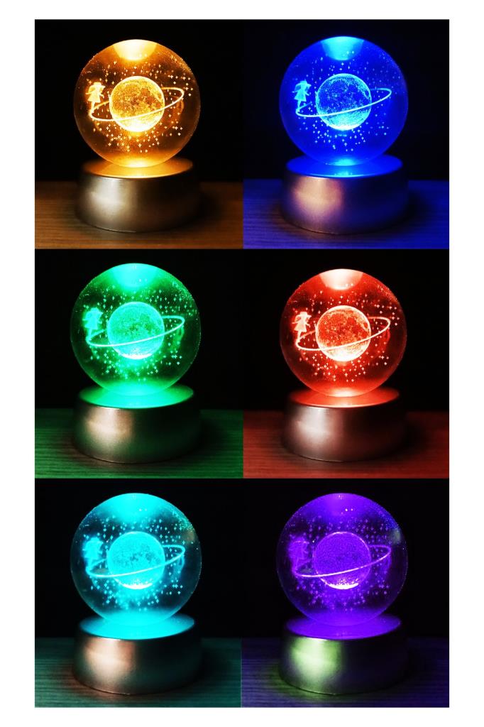(KIRILABİLİR) 2'li Set Gezegen Cam Küre Işıklı 3D Led Işık Dekoratif Hediyelik + Satürn Kız Işıklı 3D Renkli LED Işıklı Küre Dekoratif Hediyelik