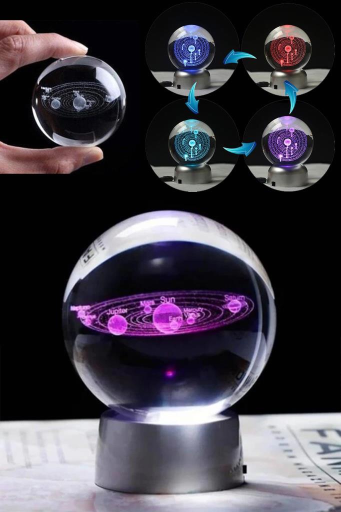 (KIRILABİLİR) 2'li Set Gezegen Cam Küre Işıklı 3D Led Işık Dekoratif Hediyelik + Satürn Kız Işıklı 3D Renkli LED Işıklı Küre Dekoratif Hediyelik