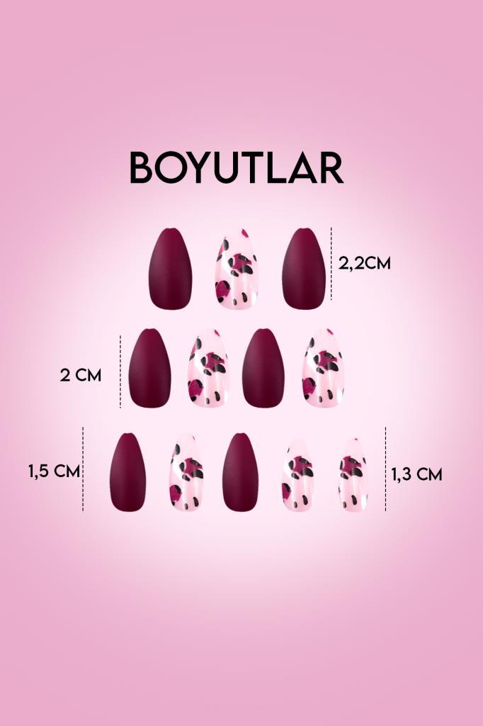 24'lü Parlak Bordo Leopar Desenli Takma Tırnak T-81 B