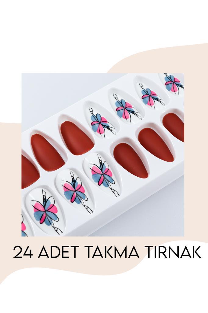24'lü Parlak Beyaz-Kırmızı Kelebek Modelli Takma Tırnak T-84 E