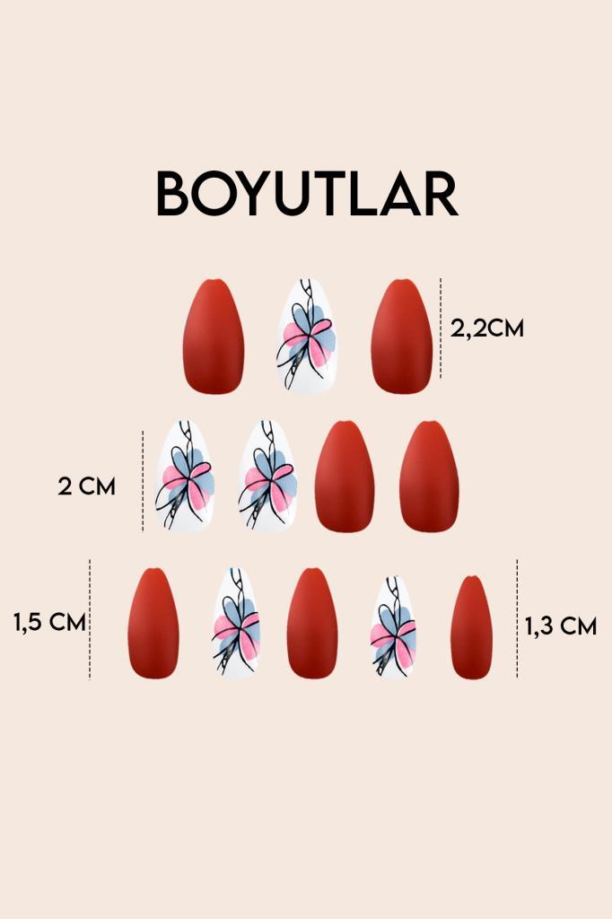 24'lü Parlak Beyaz-Kırmızı Kelebek Modelli Takma Tırnak T-84 E