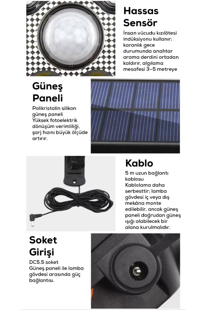 3 Modlu, Hareket Sensörlü, Su Geçirmez, Uzaktan Kumandalı Solar LED Lamba