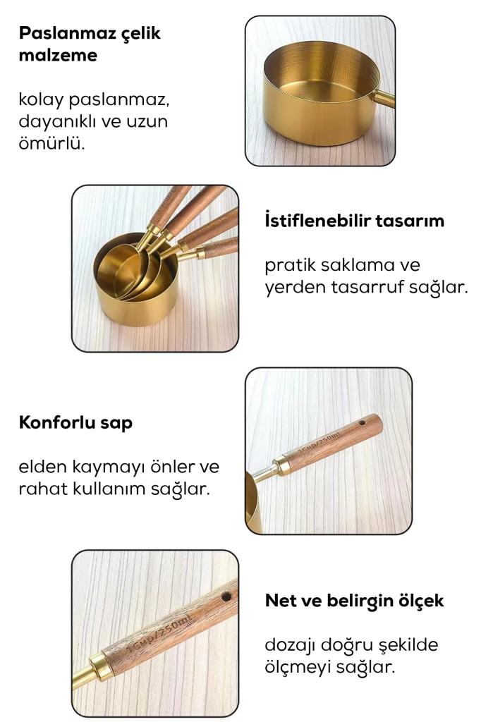 4’lü Ahşap Saplı Gold Paslanmaz Çelik Ölçü Kabı Seti