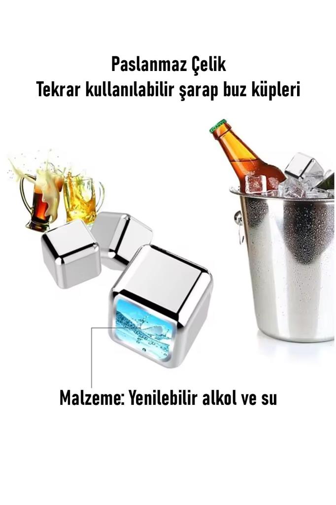 4'lü Çelik Buz Küpü ve Maşa Seti