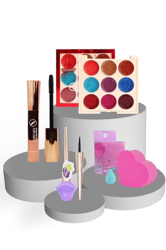 4'lü Makyaj Seti 9'lu Glitter Kırmızı İçerik + Multifunctional Bronz Maskara + Böğürtlen Meyveli Eyeliner + Lovers Sünger Seti Pembe Renk