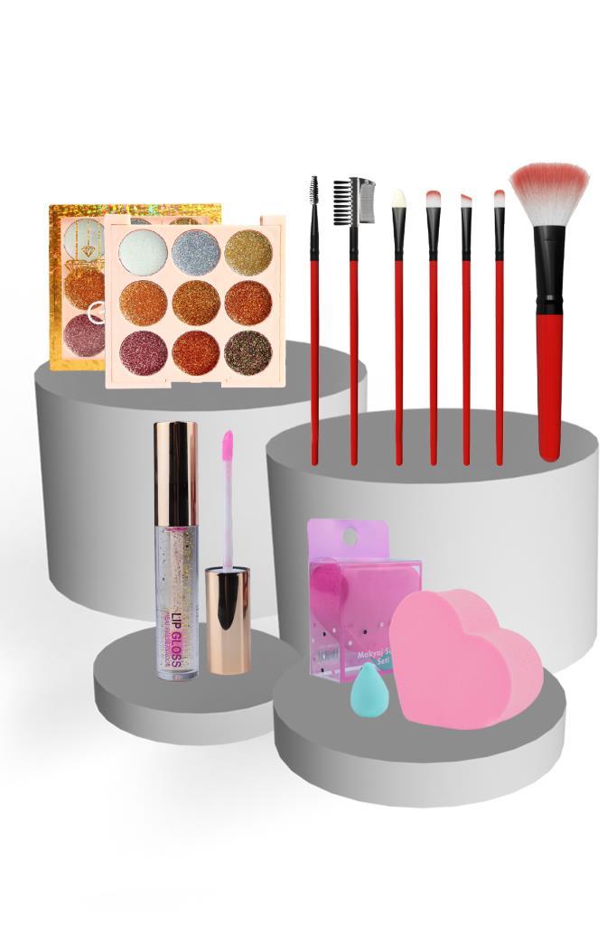 4'lü Kozmetik Makyaj Seti 9'lu Sarı Glitter Far + Poşetli 7'li Kırmızı Renk Fırça Seti + Magic Dudak Nemlendirici + Lovers Sünger Seti Pembe Renk