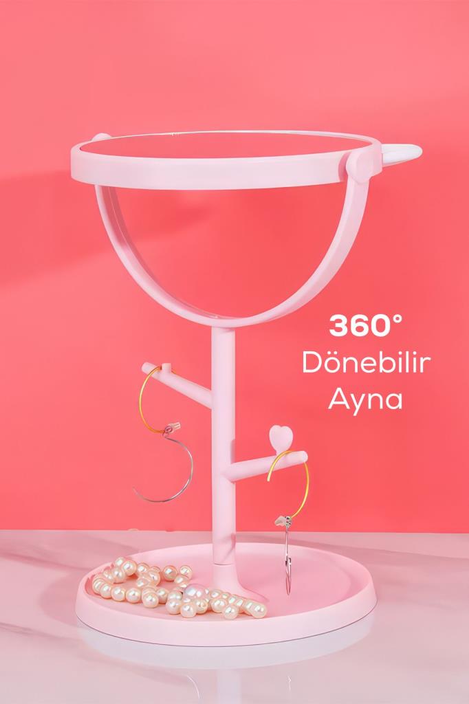 Ayarlanabilir Kedi Kulaklı Ve Takı Askılı Makyaj Aynası PEMBE RENK