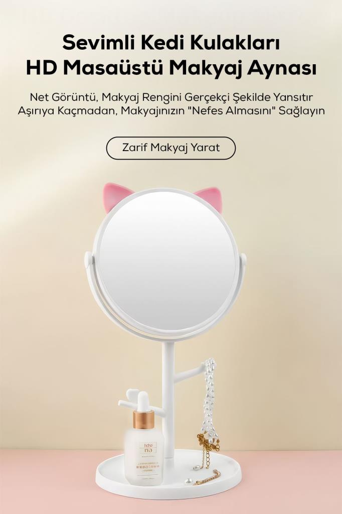 Ayarlanabilir Kedi Kulaklı Ve Takı Askılı Makyaj Aynası PEMBE RENK