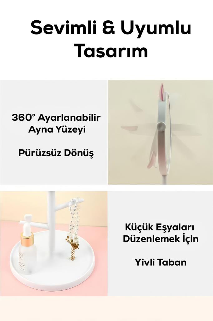 Ayarlanabilir Kedi Kulaklı Ve Takı Askılı Makyaj Aynası PEMBE RENK