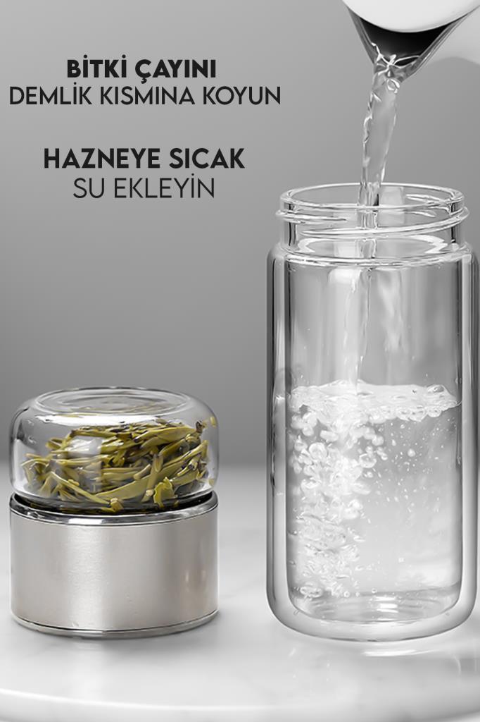 Çift Katlı Cam Bitki Çayı Demliği