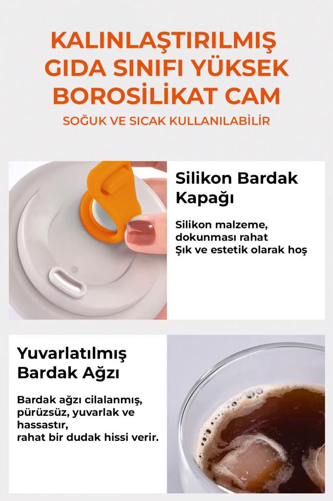 Çift Katmanlı Borosilikat Cam Termos Kapaklı Bardak
