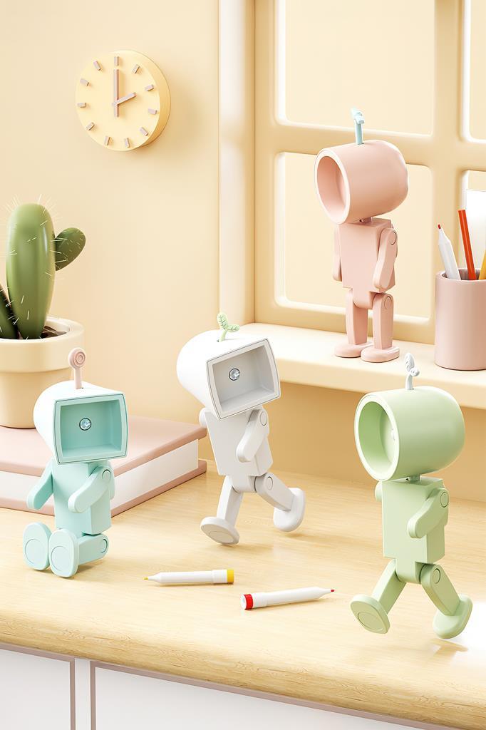 Çok Amaçlı Robot Şekilli Gece Lambası Pembe Yuvarlak