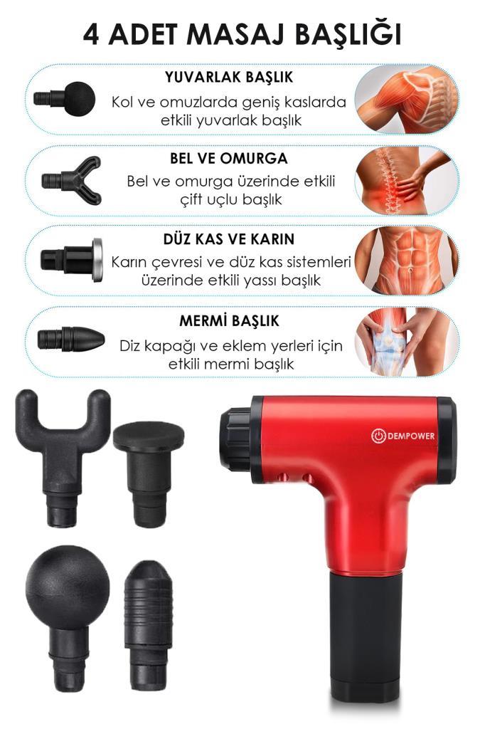 Titreşimli Masaj Tabancası 4 Başlıklı Kırmızı