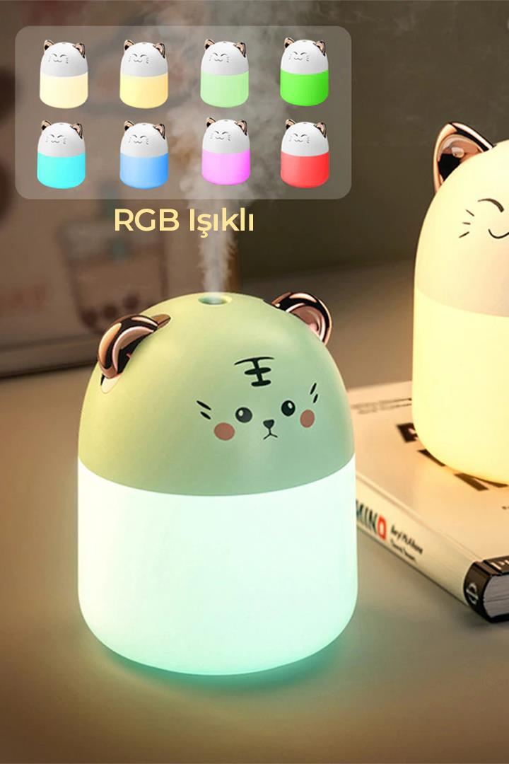 RGB Ledli Taşınabilir Hava Nemlendiricisi Kedi Tasarımlı Buhar Makinesi (Beyaz Gözleri Kısık)
