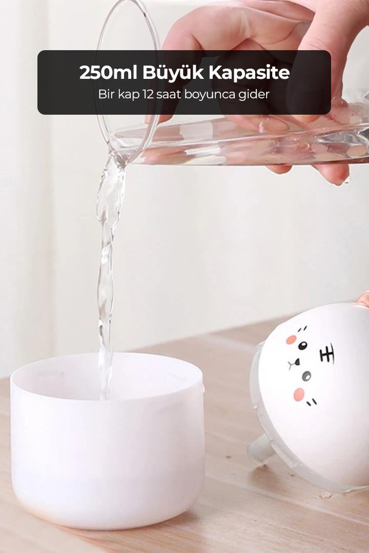 RGB Ledli Taşınabilir Hava Nemlendiricisi Kedi Tasarımlı Buhar Makinesi (Beyaz Gözleri Kısık)