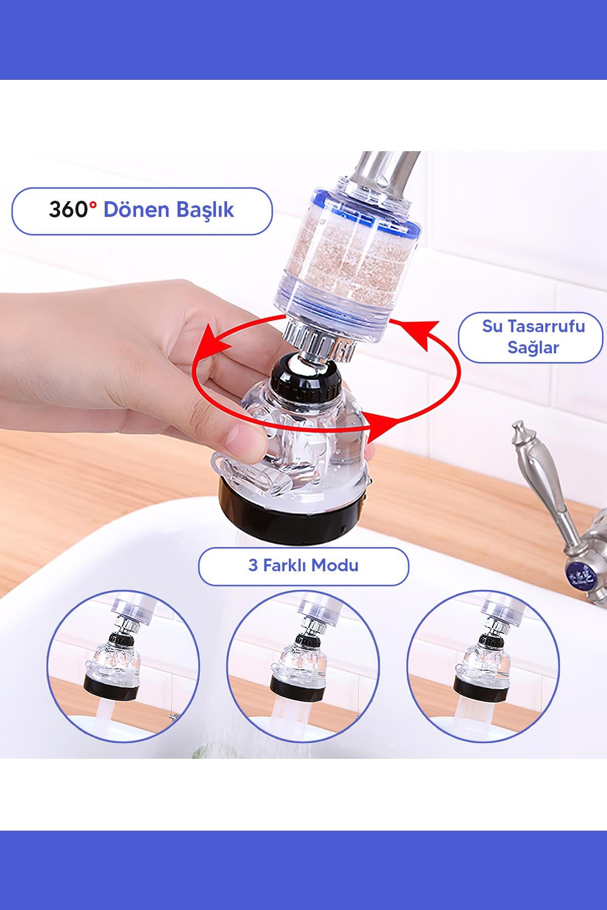 Filtreli 360 Derece Döner Tasarruflu Oynar Başlıklı Musluk Başlığı