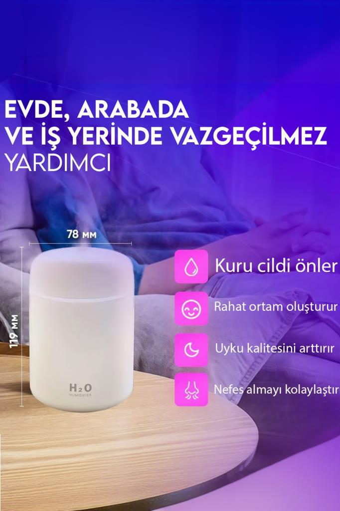 H2o Humidifier Hava-Oda- Araç Nemlendirici Led Işıklı Buhar Makinesi Beyaz