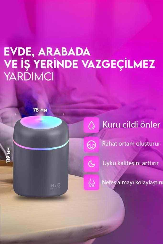 H2o Humidifier Hava-Oda- Araç Nemlendirici Led Işıklı Buhar Makinesi Gri