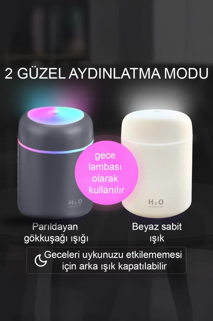 H2o Humidifier Hava-Oda- Araç Nemlendirici Led Işıklı Buhar Makinesi Gri