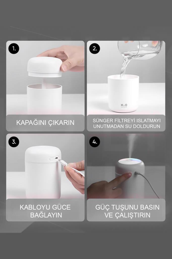 H2o Humidifier Hava-Oda- Araç Nemlendirici Led Işıklı Buhar Makinesi Gri