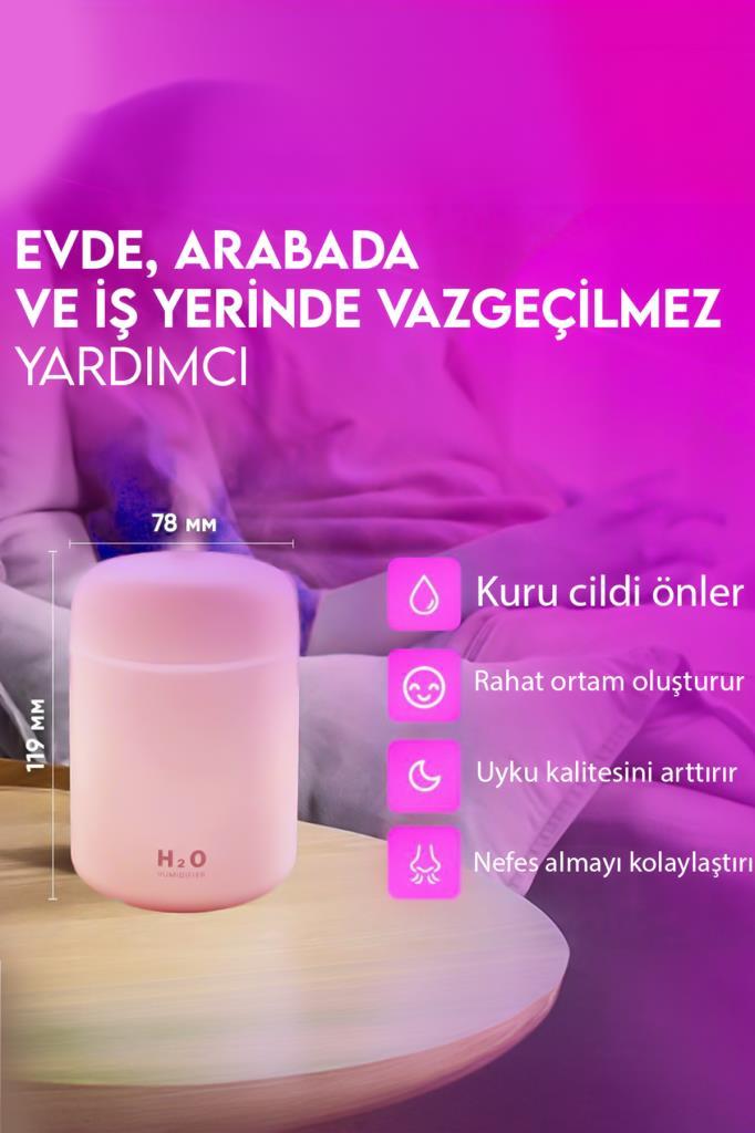 H2o Humidifier Hava-Oda- Araç Nemlendirici Led Işıklı Buhar Makinesi Pembe