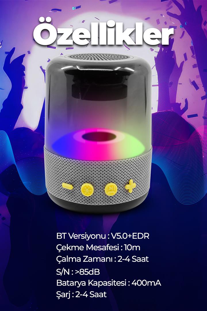 Işıklı Taşınabilir Bluetooth Hoparlör Gri