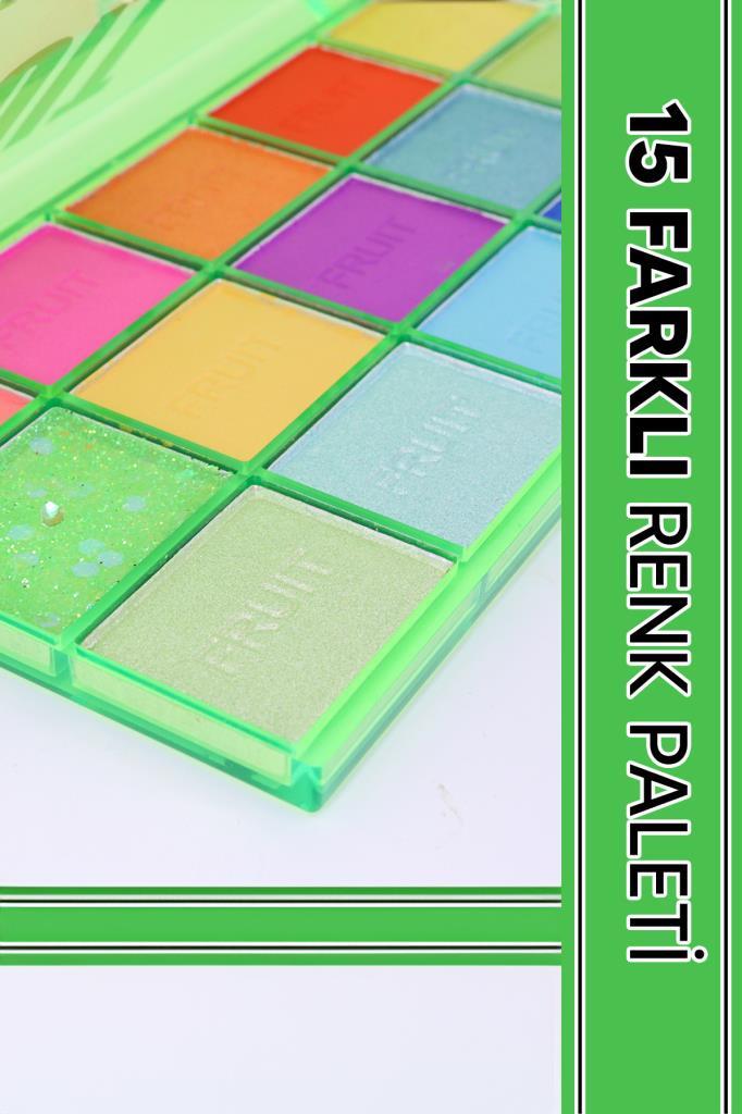 (KIRILABİLİR) 15'li Fruit Punch Renkli Yeşil Ambalajlı Sedefli Ve Mat Far Paleti