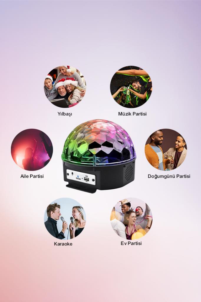 (KIRILABİLİR) Disko Topu Renkli Led Işıklı Bluetooht Özellikli Sese Duyarlı MP3 Çalar