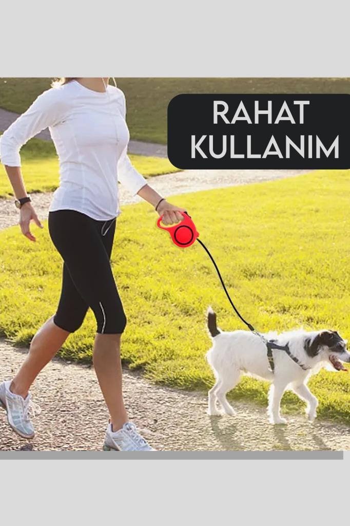 Makaralı Otomatik Köpek Tasması 3 Metre Kırmızı