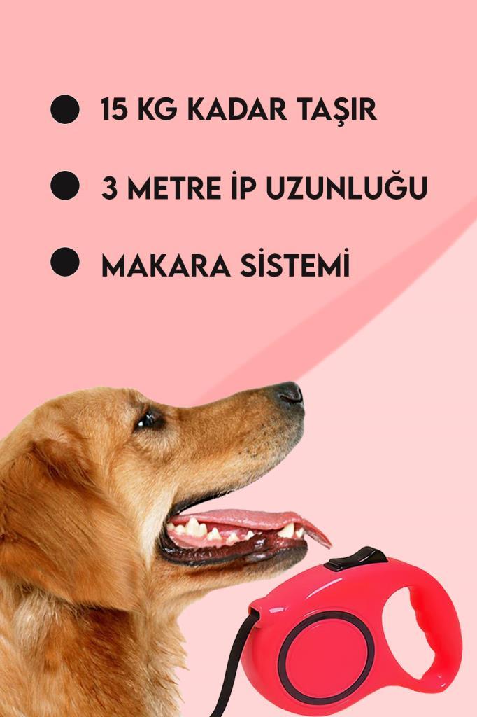 Makaralı Otomatik Köpek Tasması 3 Metre Kırmızı