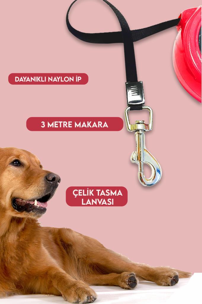 Makaralı Otomatik Köpek Tasması 3 Metre Kırmızı