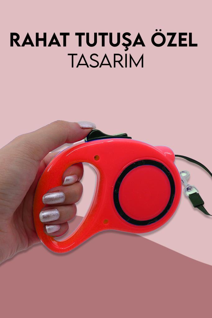 Makaralı Otomatik Köpek Tasması 3 Metre Kırmızı