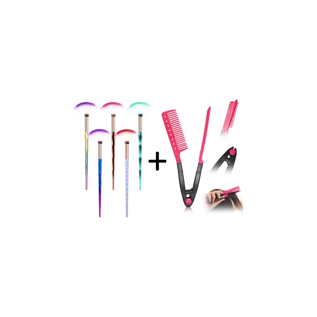 2'li Set Saç Şekillendirici Maşa Tarak Manuel + 5'li Highlighter Yelpaze Fırçası