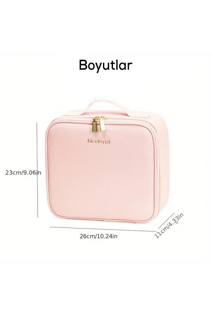 MUJGAN Çok Amaçlı Led Aynalı Bölmeli Seyahat Makyaj Çantası Pembe