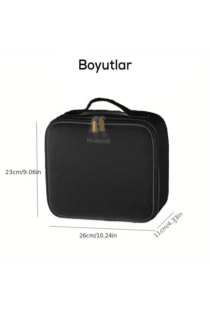 MUJGAN Çok Amaçlı Led Aynalı Bölmeli Seyahat Makyaj Çantası Siyah