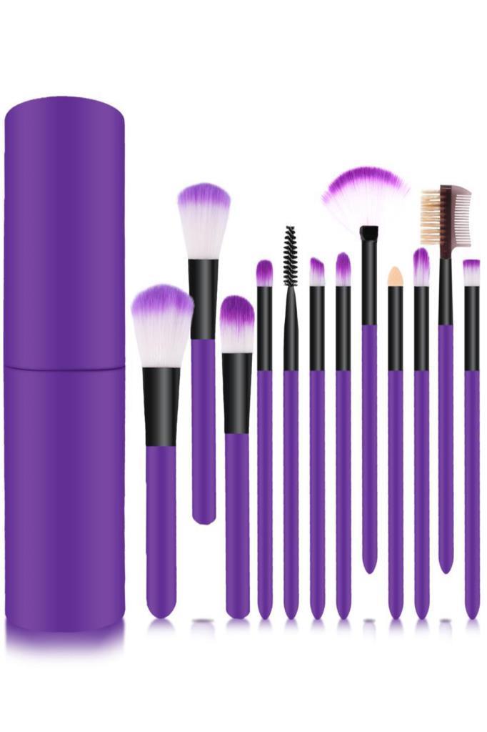 (KIRILABİLİR) 12'li Makyaj Fırça Seti Silindir Mor