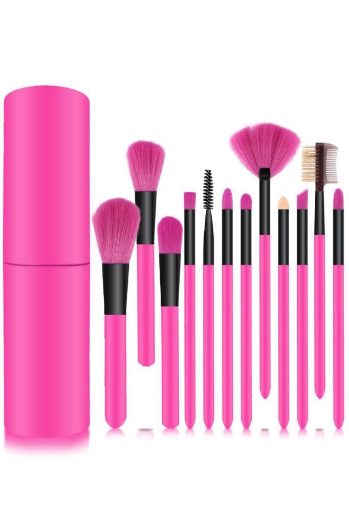 (KIRILABİLİR) 12'li Makyaj Fırça Seti Silindir Pembe
