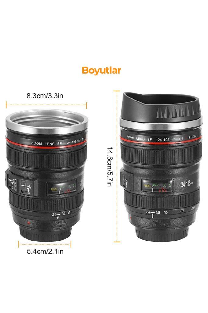 Objektif Görünümlü Lens Çelik Kupa Kahve + Çay Termosu