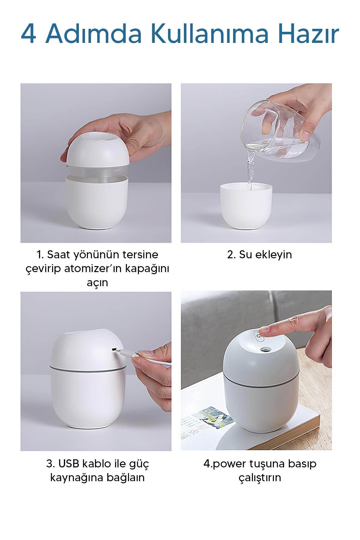 Oda- Araç Hava Nemlendirici Buhar Makinesi Beyaz T Model