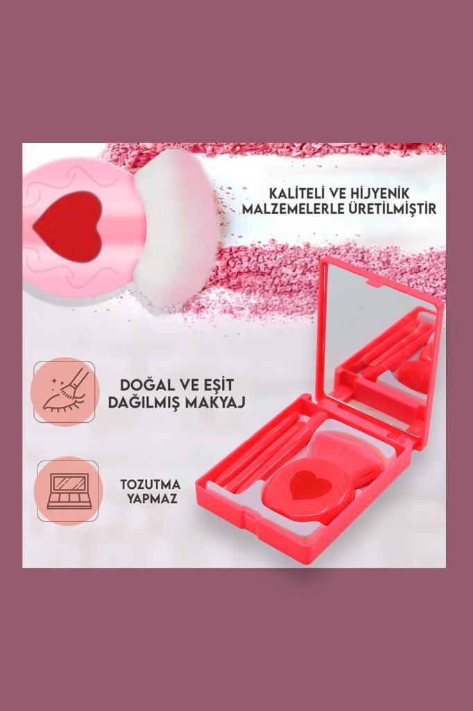 Profesyonel Taşınabilir Aynalı Makyaj Fırça Seti Kalpli Koyu Pembe