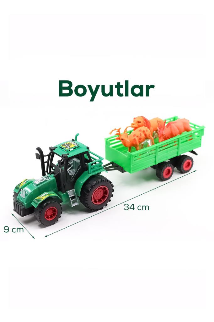 Römorklu Traktör Ve 3 Adet Hayvan Figürlü Oyuncak Seti