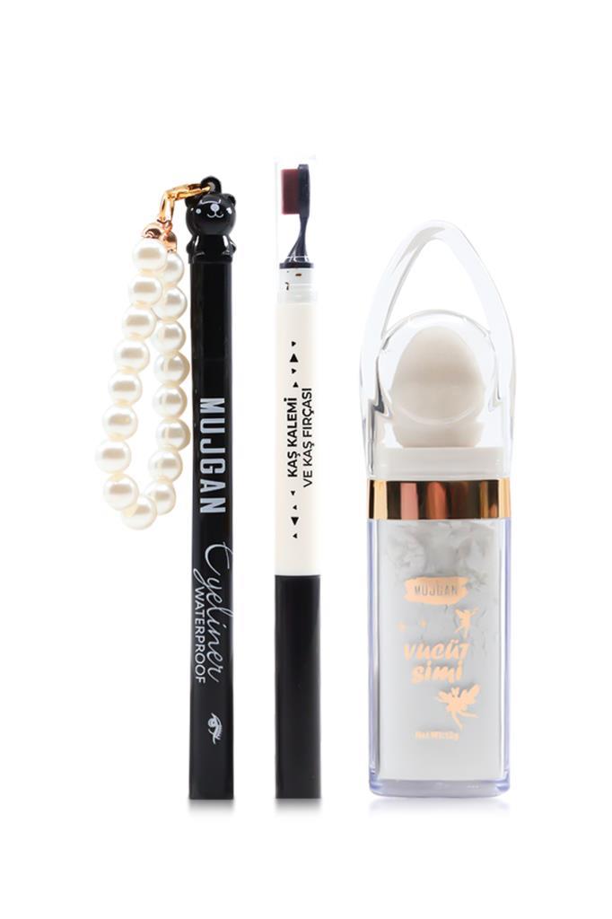 Siyah Kaş Kalemi - İnci Aksesuarlı Eyeliner- Vücut Simi Seti